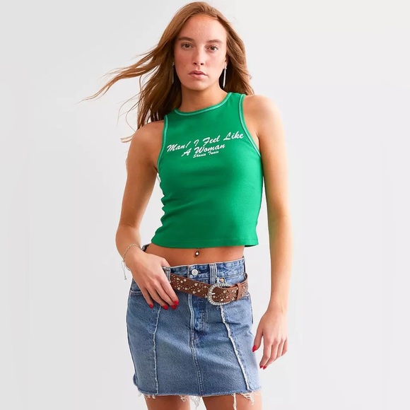 Shania Twain Man! I Feel Like A Woman Band Tank Top Medium New NWOT Green Crop - Picture 3 of 9